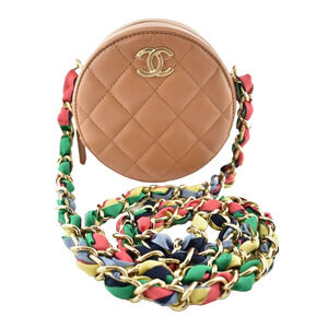 Chanel 21P Brown Ribbon Round Circle Clutch On Chain CC Shoulder Crossbody Bag